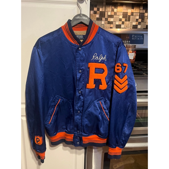 Polo Ralph Lauren Varsity Bomber Satin Jacket Mens Medium Blue Chenille - Picture 7 of 11